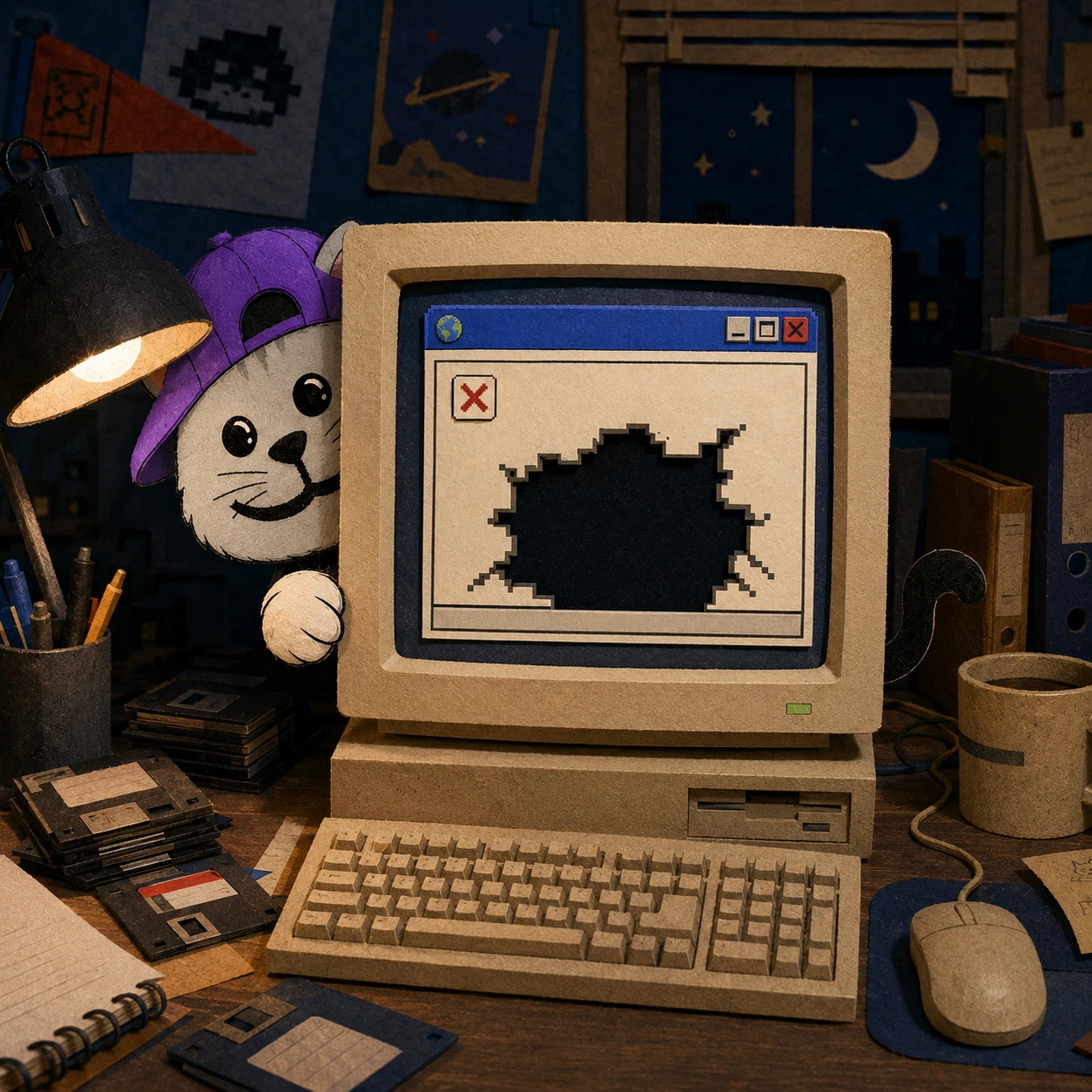 CAT404 peeking out from behind a cardboard-craft 1990s desktop computer at night. The monitor shows a browser window with a cat-shaped hole punched straight through the page.