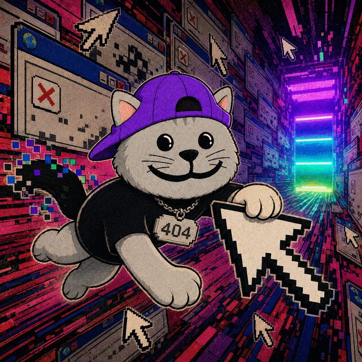 CAT404 tumbling through a corridor of broken browser windows, red error dialogs and giant pixel cursors toward a purple, cyan and green Solana gateway.