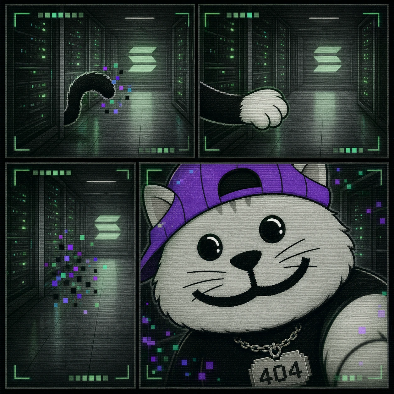 Four security-camera frames inside a Solana data centre: a curved black tail, a white glove paw, a scatter of purple and green pixels, then CAT404's complete smiling face.