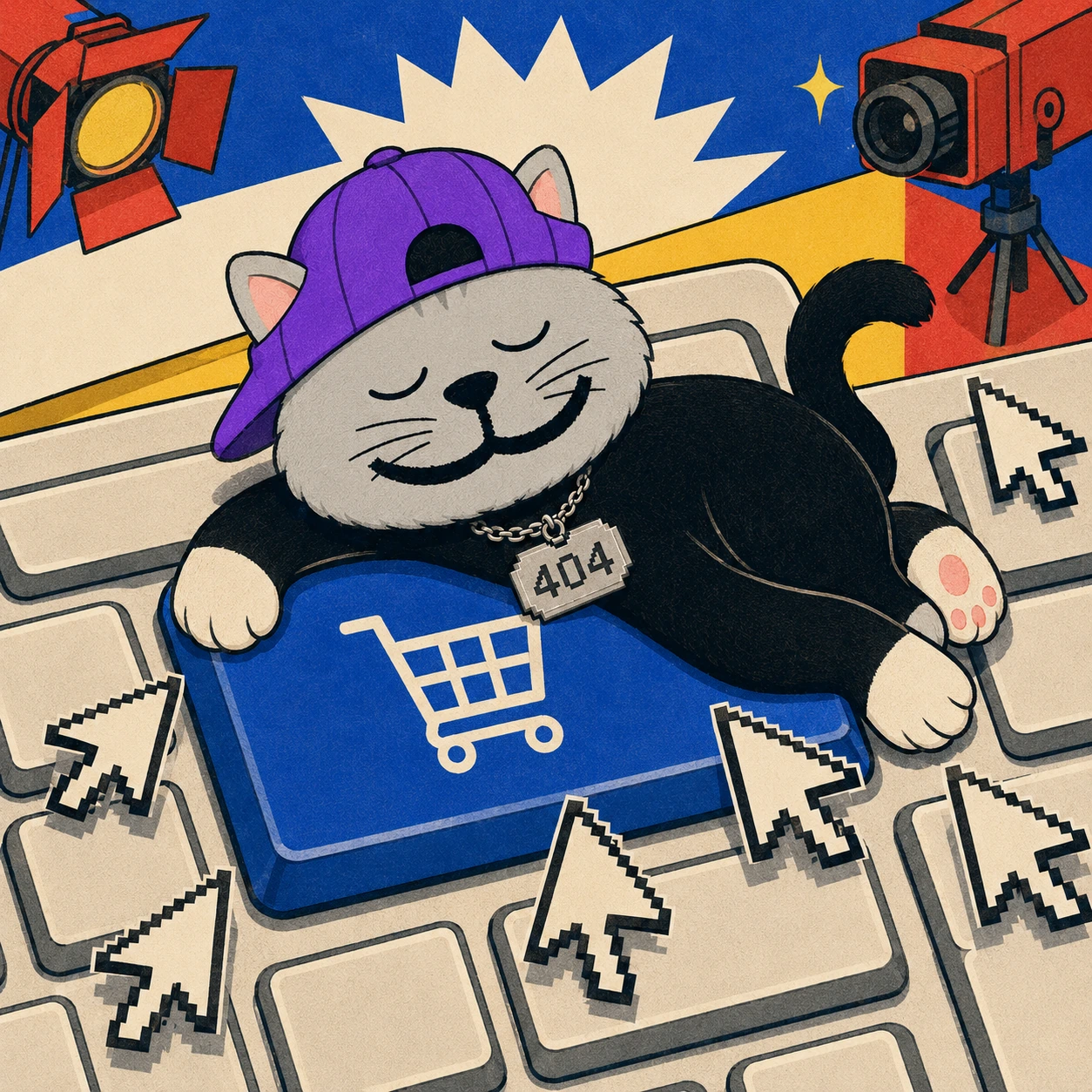 CAT404 asleep on a giant blue Buy key of an oversized keyboard, surrounded by pixel cursors, a studio light and a security camera.