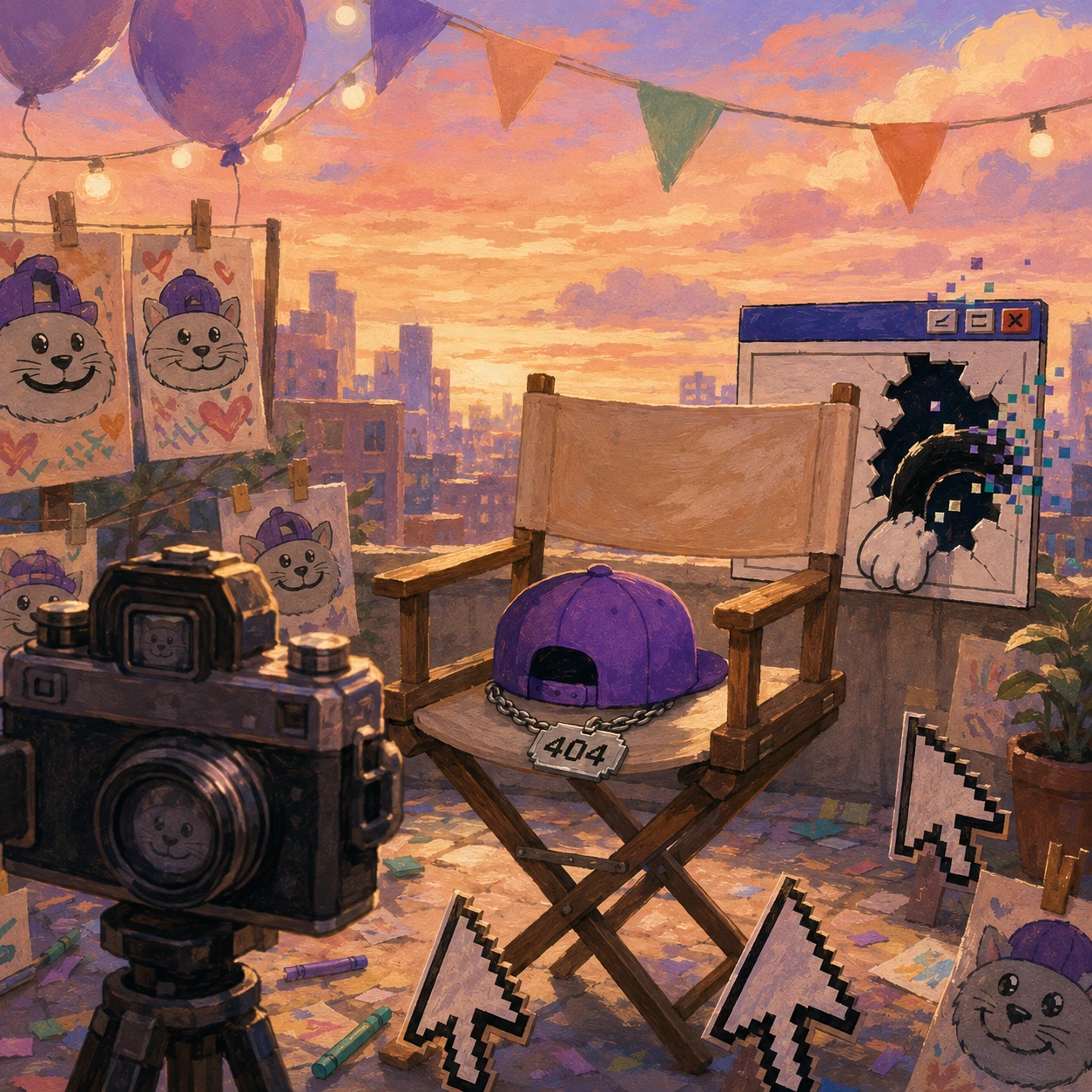 An empty rooftop director's chair at sunset holding only CAT404's purple cap and 404 collar tag, while his tail dissolves into pixels through a broken browser window.